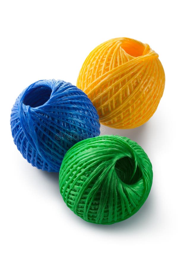 Acrylic yarn clews - green, blue and yellow. Placed on white background.