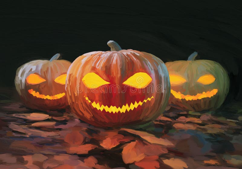 Acrylmalerei mit beängstigendem Kürbis in halloween im Herbst. digitale Kunstdarstellung.