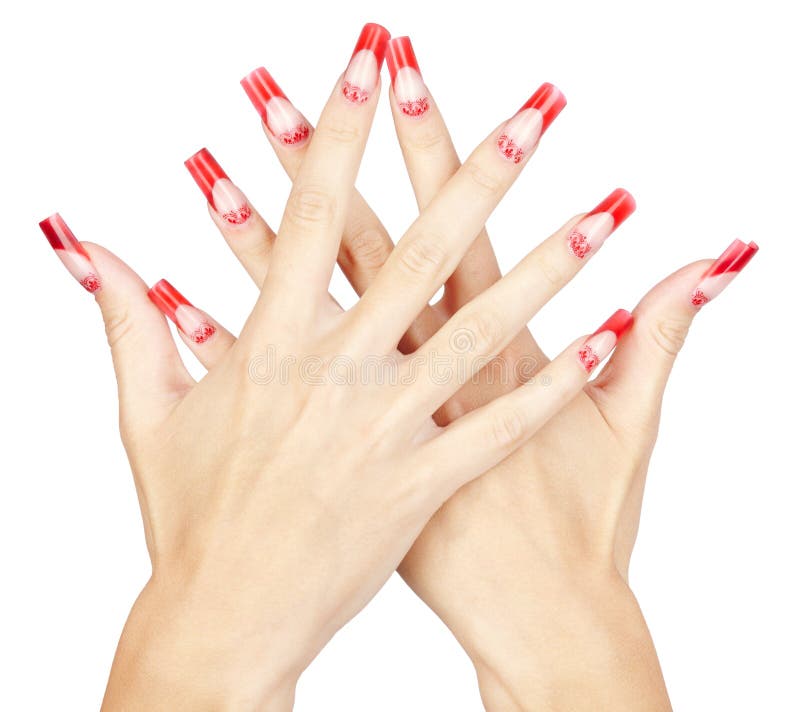 Hands with red french acrylic nails manicure and painting isolated white background. Hands with red french acrylic nails manicure and painting isolated white background