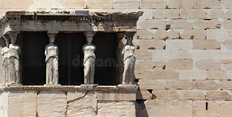 The porch of the Caryatids a the Erechtheum on the Acropolis in Athens, Greece. The porch of the Caryatids a the Erechtheum on the Acropolis in Athens, Greece