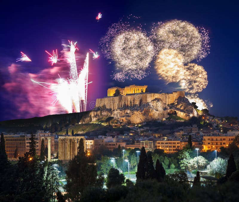 Famous Acropolis with firework, celebration of the New Year in Athens, Greece. Famous Acropolis with firework, celebration of the New Year in Athens, Greece