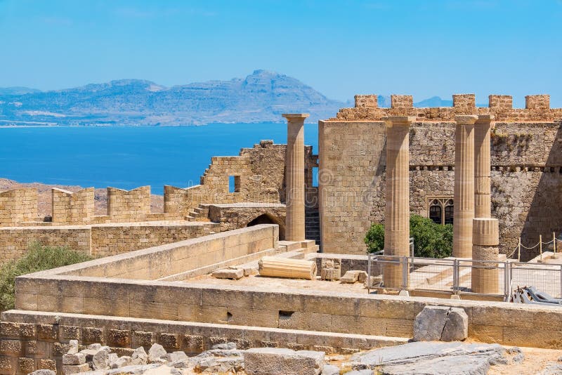 View of Acropolis in Lindos and Vliha bay. Rhodes Island, Dodecanese, Greece. View of Acropolis in Lindos and Vliha bay. Rhodes Island, Dodecanese, Greece