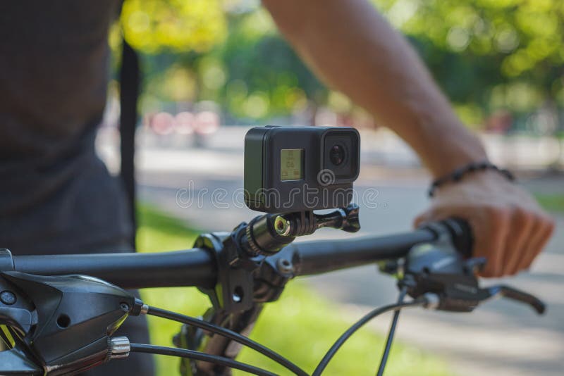 Action Camera Mounted on the Handlebar of a Bicycle Stock Image Image