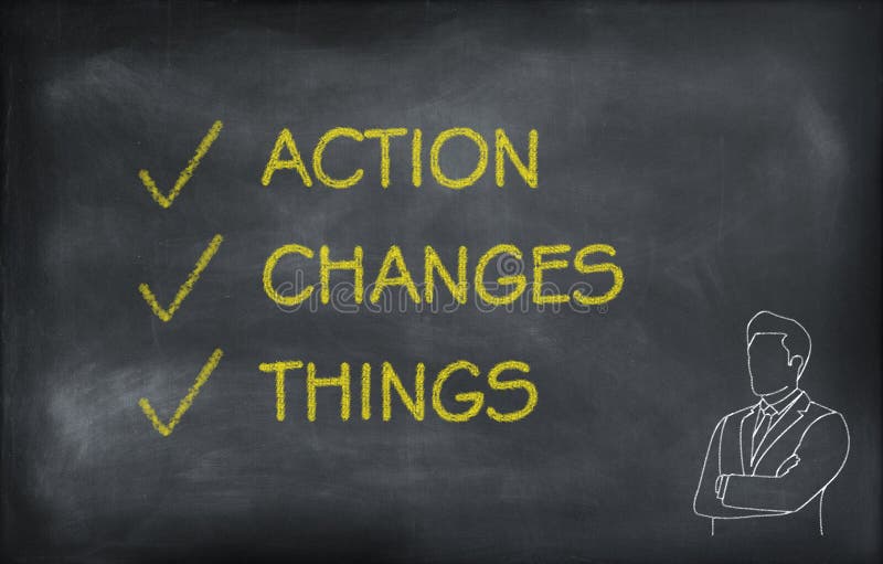 Action, Changes, Things hand writing yellow font on chalkboard stock photo Action, Changes, Things hand writing yellow font on chalkboard stock photo