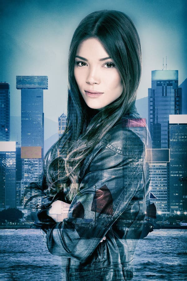 Action movie mysterious Asian actress woman double exposure on nightlife cityscape of Hong Kong city at night. Poster for thriller