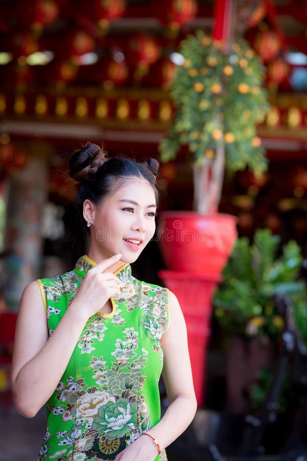 Action Portrait Beautiful Asian Girl Wearing Cheongsam Red Dress. Stock ...