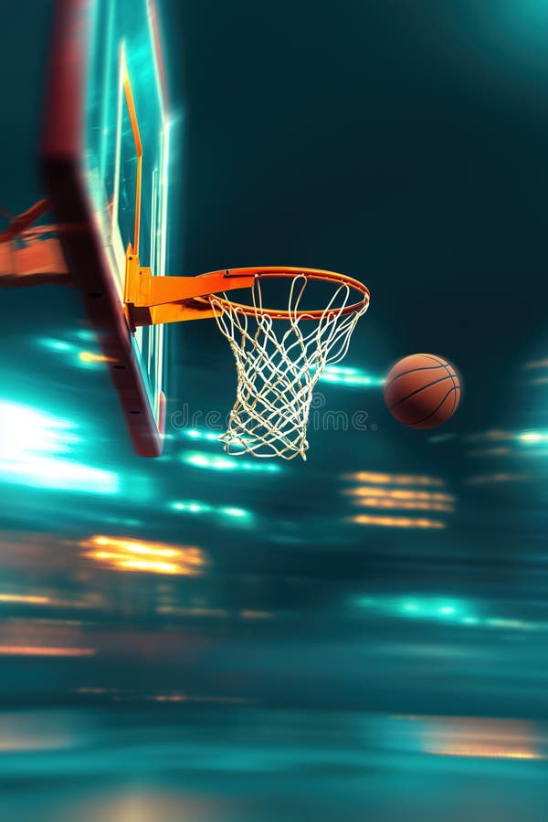 Action Shot Basketball Hoop Net med Basketball in Motion Teal Lights Excitement Sport Scene stock illustrationer
