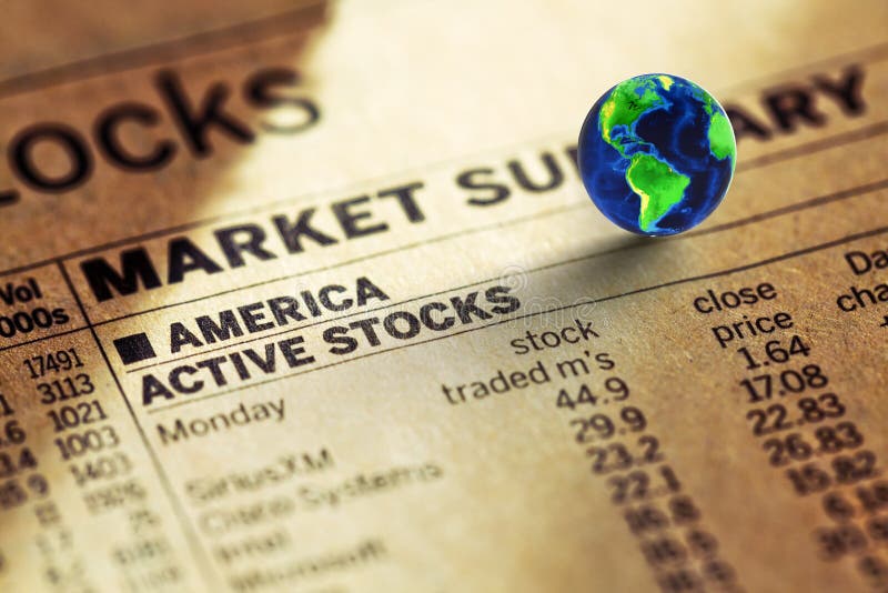 Stock of the usa market in the newspaper and globe business concept. Stock of the usa market in the newspaper and globe business concept