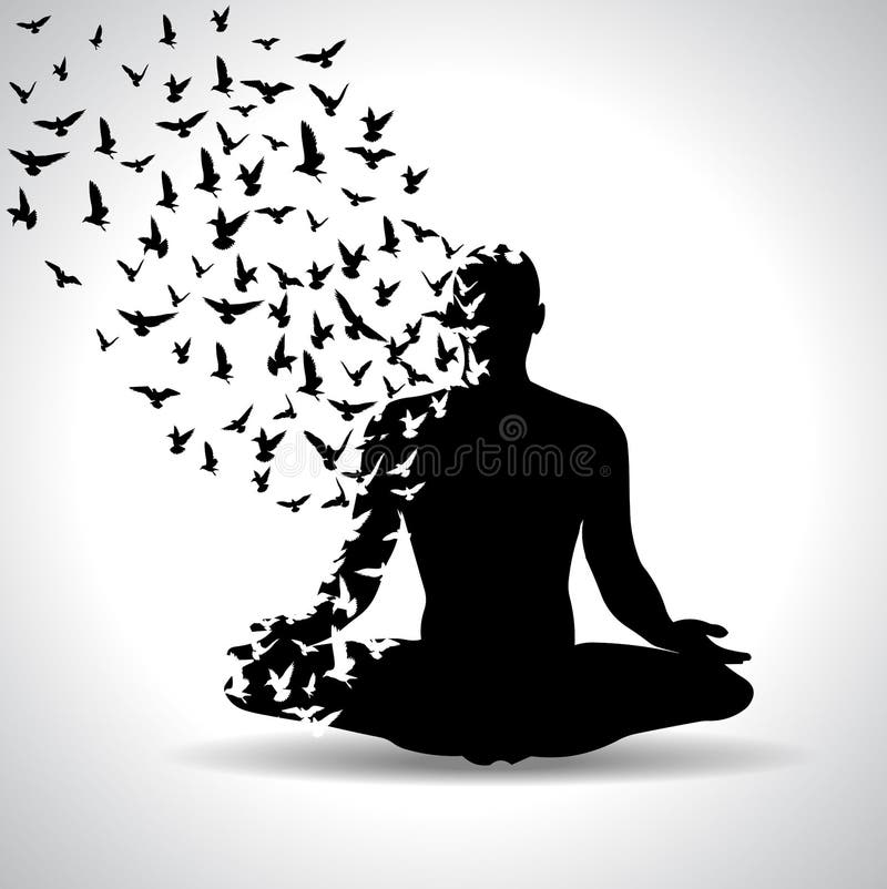 Actitud de la yoga con los pájaros que vuelan del cuerpo humano, cartel blanco y negro de la yoga libre illustration Actitud de la yoga con los pájaros que vuelan del cuerpo humano, cartel blanco y negro de la yoga libre illustration