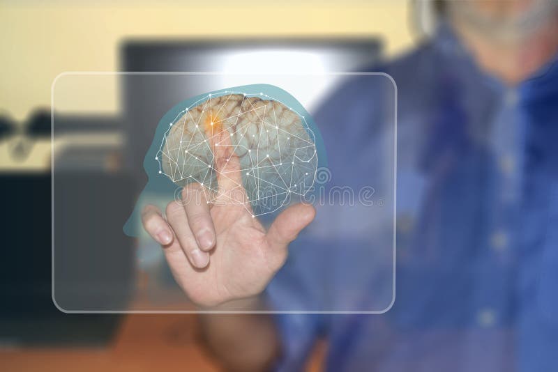 Activación de una porción del cerebro en una pantalla virtual contra un fondo borroso imagen de archivo Activación de una porción del cerebro en una pantalla virtual contra un fondo borroso imagen de archivo