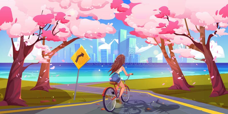 Active girl riding bicycle in sakura park. Vector cartoon illustration of young woman enjoying spring day, heading for riverside big asian city with skyscrapers on horizon. Outdoor recreation activity