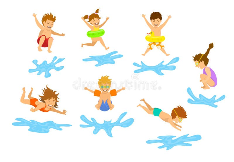 Active kids children, boys and girls diving jumping into swimming pool water
