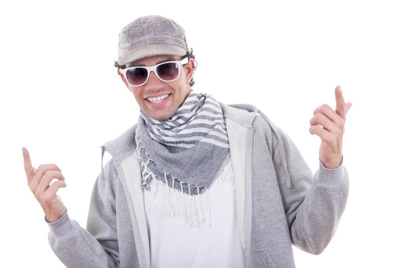 Active Man in Sport Wearing Sweatshirt and Cap with Sunglasses Stock