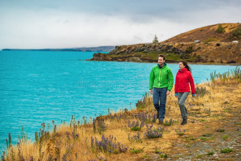 Outdoor Activity Couple Hiking Happy Hikers Stock Photo