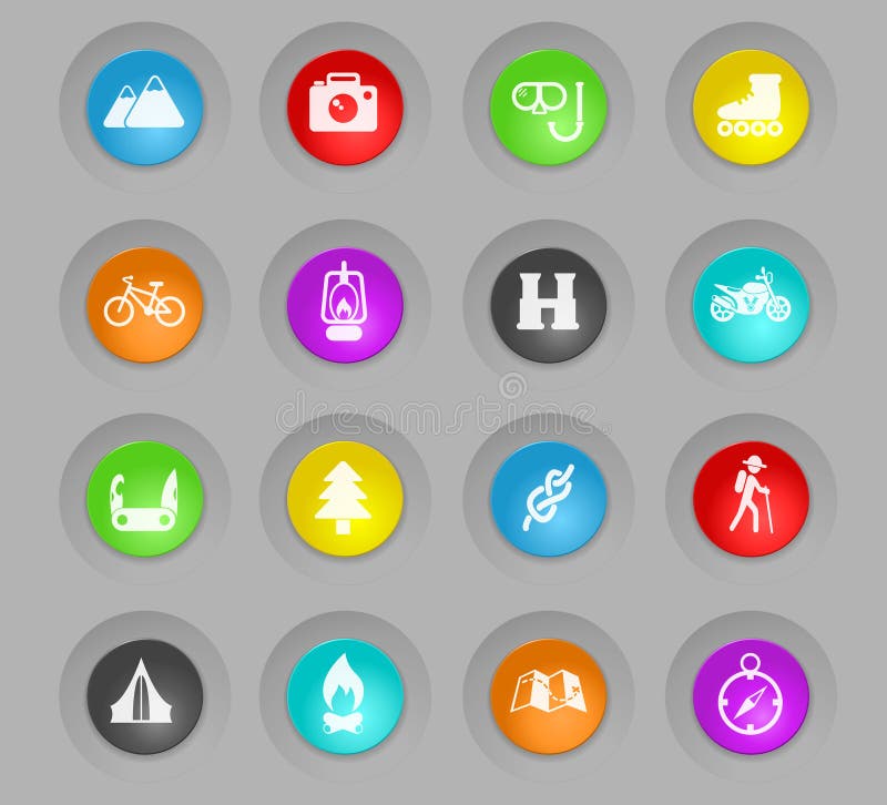 Active Recreation Colored Plastic Round Buttons Icon Set Stock