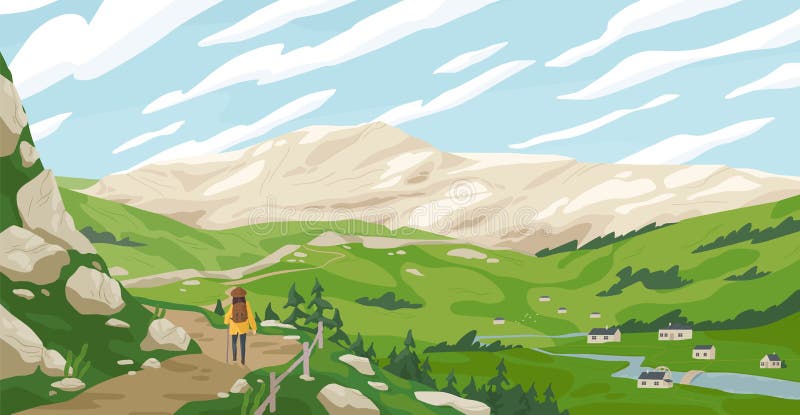 Active Tourist Woman Walking on Path Admiring Mountain Landscape Vector Graphic Illustration. Travel Cartoon Female Stock Vector - Illustration of destination, hill: 173097820 Active Tourist Woman Walking on Path Admiring Mountain Landscape Vector Graphic Illustration. Travel Cartoon Female Stock Vector - Illustration of destination, hill: 173097820