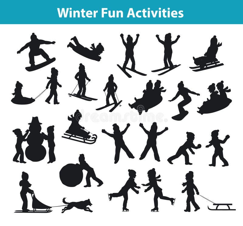 Actividades de la diversión del invierno del ` s de los niños en la colección determinada de la silueta del hielo y de la nieve ilustración del vector Actividades de la diversión del invierno del ` s de los niños en la colección determinada de la silueta del hielo y de la nieve ilustración del vector