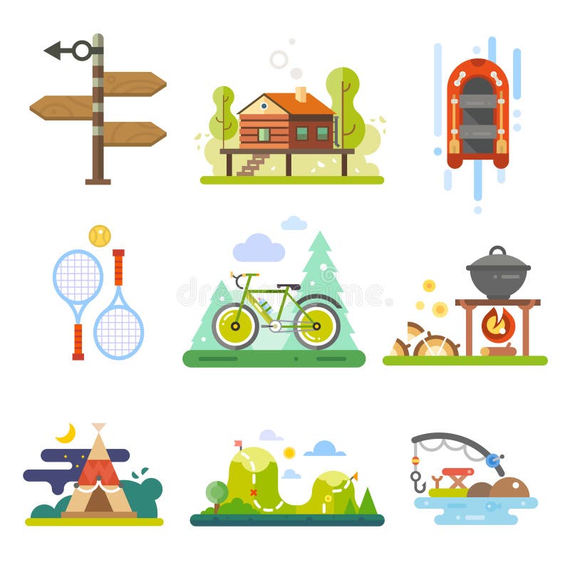 Activities in the forest or leisure on nature. Rafting, tennis, bike, hiking or fishing. Vector icon flat set. Activities in the forest or leisure on nature. Rafting, tennis, bike, hiking or fishing. Vector icon flat set