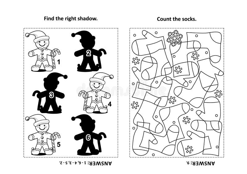 Activity page for kids with puzzles and coloring - gingerbread man, socks