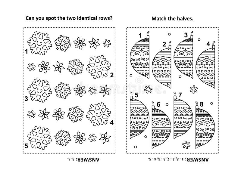 Two visual puzzles and coloring page for children. Find identical rows of snowflakes. Match the halves of baubles. Winter holidays, Christmas or New Year themed. Black and white. Answers included. Two visual puzzles and coloring page for children. Find identical rows of snowflakes. Match the halves of baubles. Winter holidays, Christmas or New Year themed. Black and white. Answers included.