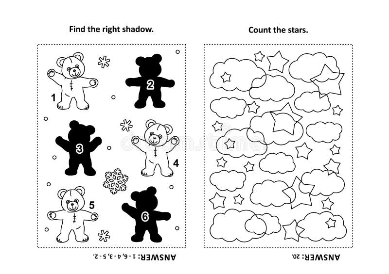 Two visual puzzles and coloring page for kids. Find the shadow for each picture of teddy bear. Count the stars. Black and white. Answers included.n. Two visual puzzles and coloring page for kids. Find the shadow for each picture of teddy bear. Count the stars. Black and white. Answers included.n