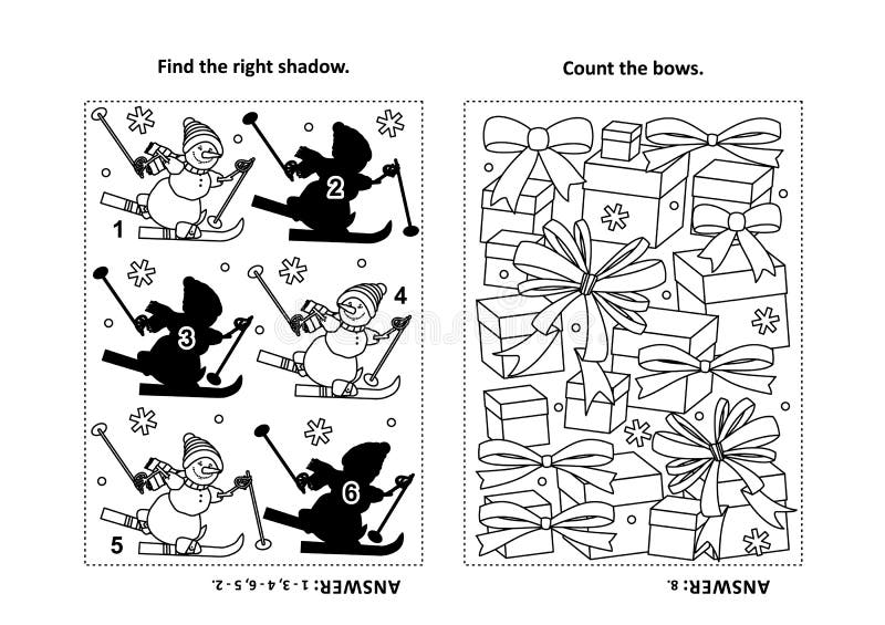 Two visual puzzles and coloring page for kids. Find the shadow for each picture of skiing sporty snowman. Count the bows. Black and white. Answers included. Two visual puzzles and coloring page for kids. Find the shadow for each picture of skiing sporty snowman. Count the bows. Black and white. Answers included.