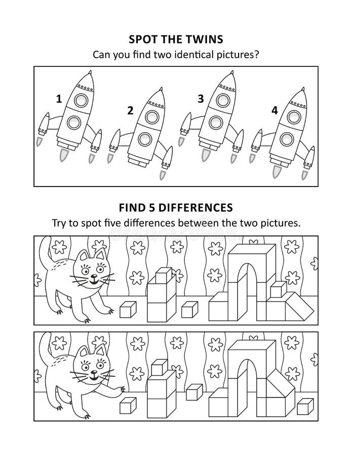 Activity sheet for kids with two visual puzzles, also can be used as coloring page, printable, fit Letter or A4 paper. Activity sheet for kids with two visual puzzles, also can be used as coloring page, printable, fit Letter or A4 paper.