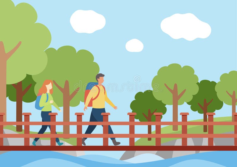 Activités de plein air de printemps randonnée arrière-plan couple traversant un pont en bois au-dessus d'une rivière en traversant illustration libre de droits