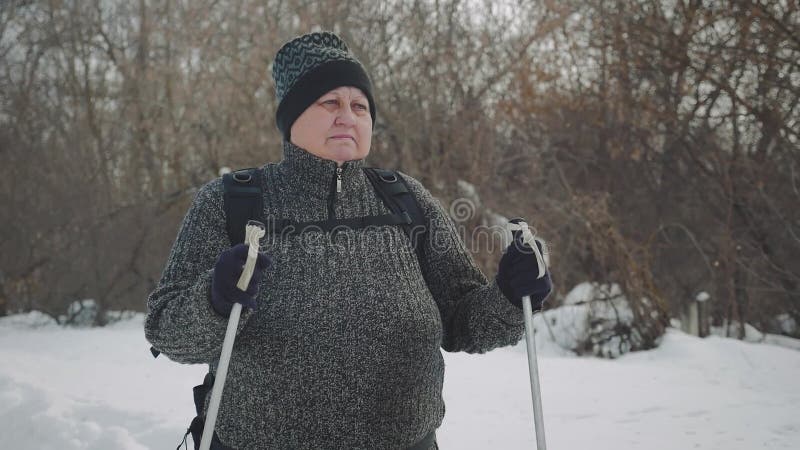 Activo una mujer mayor contratada a caminar nórdico con los palillos en el concepto sano de la forma de vida del bosque del invie