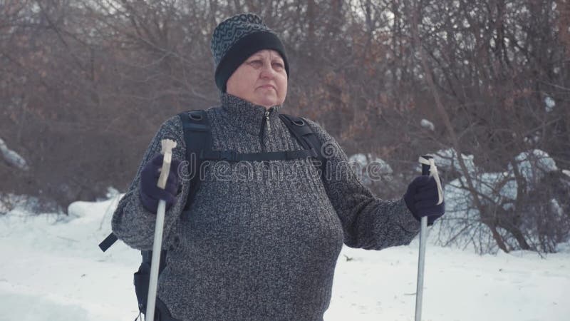 Activo una mujer mayor contratada a caminar nórdico con los palillos en el concepto sano de la forma de vida del bosque del invie