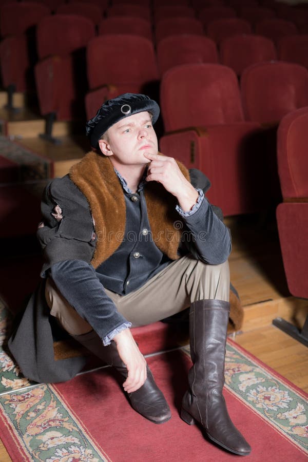 Actor Dressed Historical Costume in Interior of Old Theater. Stock