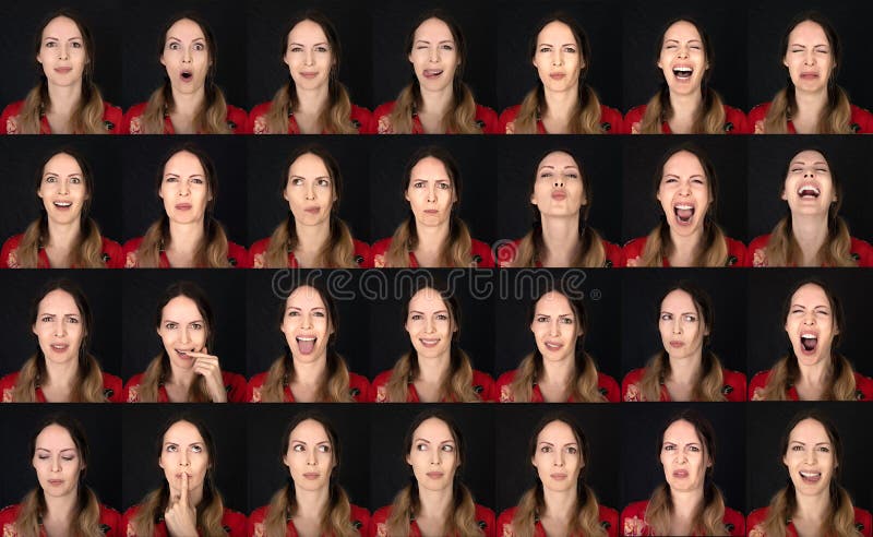 Actor Emotion Card Collage Young Erwachsene Frau mit verschiedenen Ausdrücken positive sechs Emotionen stockbilder