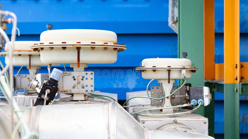 Actuator control valve installed between chemical pipelines to regulate liquid flow by opening and closing royalty free stock photos
