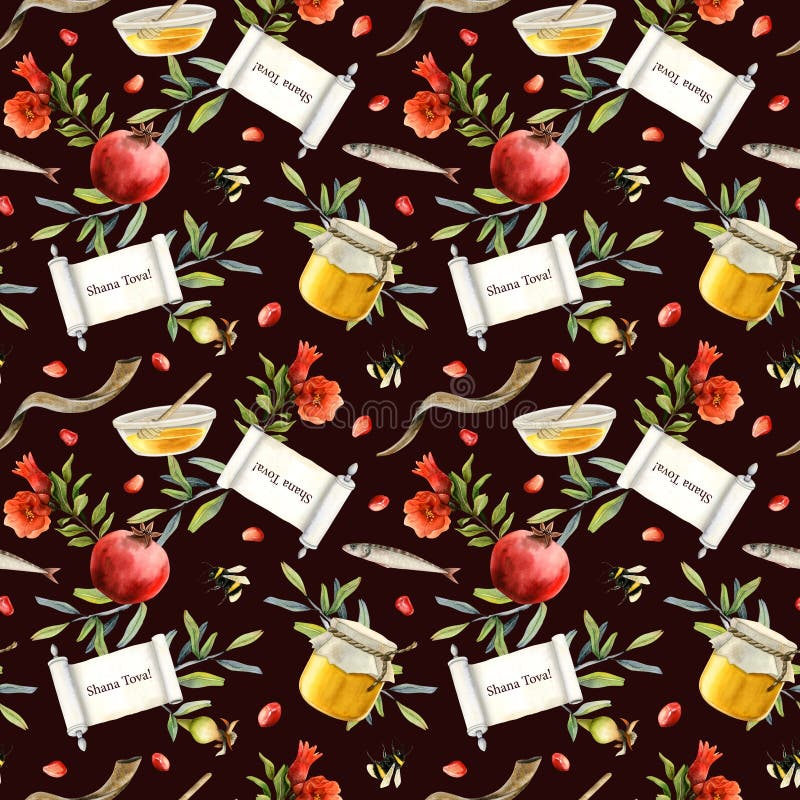 Jewish new year watercolor seamless pattern on dark brown background for Rosh Hashanah holiday gift box wrapping and bags with scroll, greetings, pomegranates, honey, apples, shofar, flowers. Jewish new year watercolor seamless pattern on dark brown background for Rosh Hashanah holiday gift box wrapping and bags with scroll, greetings, pomegranates, honey, apples, shofar, flowers.
