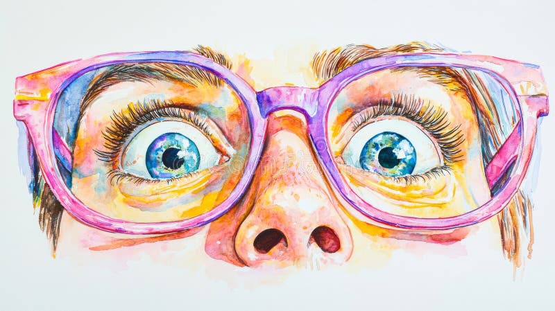 Acuarela de Closeup Ilustración de una mujer sorprendida con lentes coloridos y ojos amplios. Concepto de tontos de abril foto de archivo