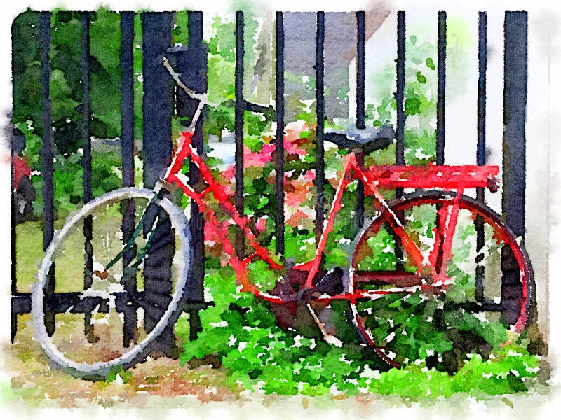 Acuarela de la bicicleta holandesa roja de las señoras que se inclina contra la puerta libre illustration Acuarela de la bicicleta holandesa roja de las señoras que se inclina contra la puerta libre illustration
