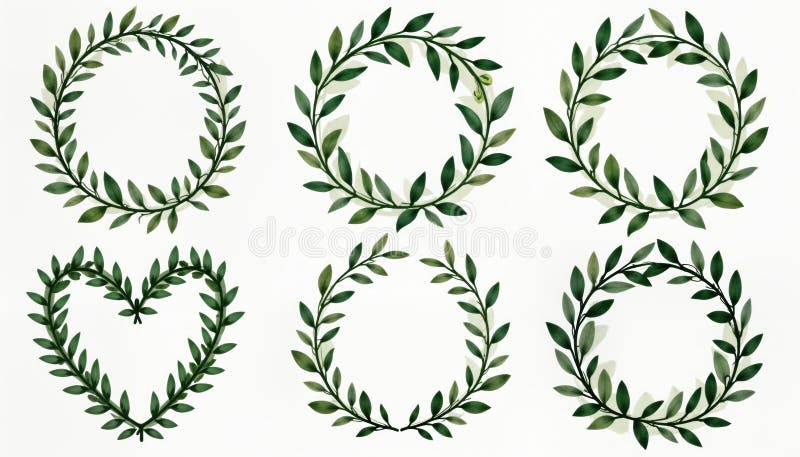 Acuarela de ramos de flores. ramas de hojas verdes dispuestas en formas redondeadas de corazón. conjunto de diseño botánico libre illustration