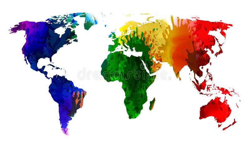 Acuarela del mapa del mundo, continentes coloridos del chapoteo del planeta - vector