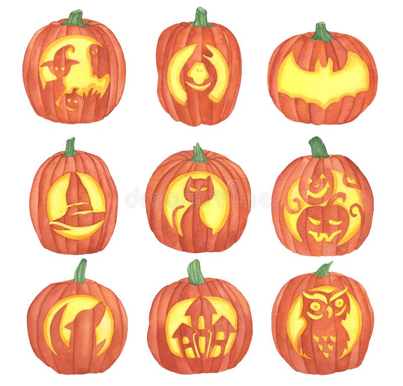 Acuarela halloween ilustración de calabazas caras jack o linternas