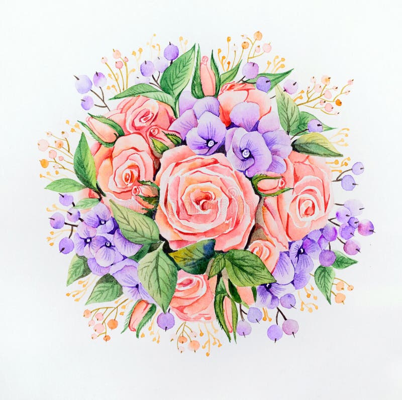 Acuarela original - un ramo de rosas y de hortensias rosadas de la lila en un fondo blanco ilustración del vector Acuarela original - un ramo de rosas y de hortensias rosadas de la lila en un fondo blanco ilustración del vector