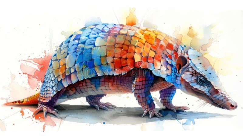 Acuarela vívida que representa un armadillo curvado en un entorno colorido foto de archivo