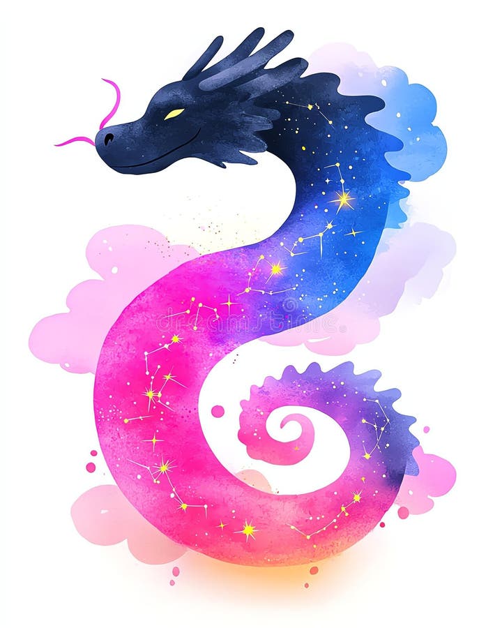 Acuarelă Dragon Fantasy Mitic Creatura Concept Vis Colorat Fantasy Dragon în Universul Cosmic Cu Stele și Nori royalty free illustration