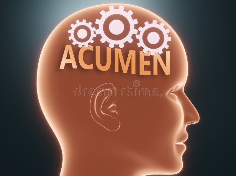 Acumen inside human mind - pictured as word Acumen inside a head with cogwheels to symbolize that Acumen is what people may think