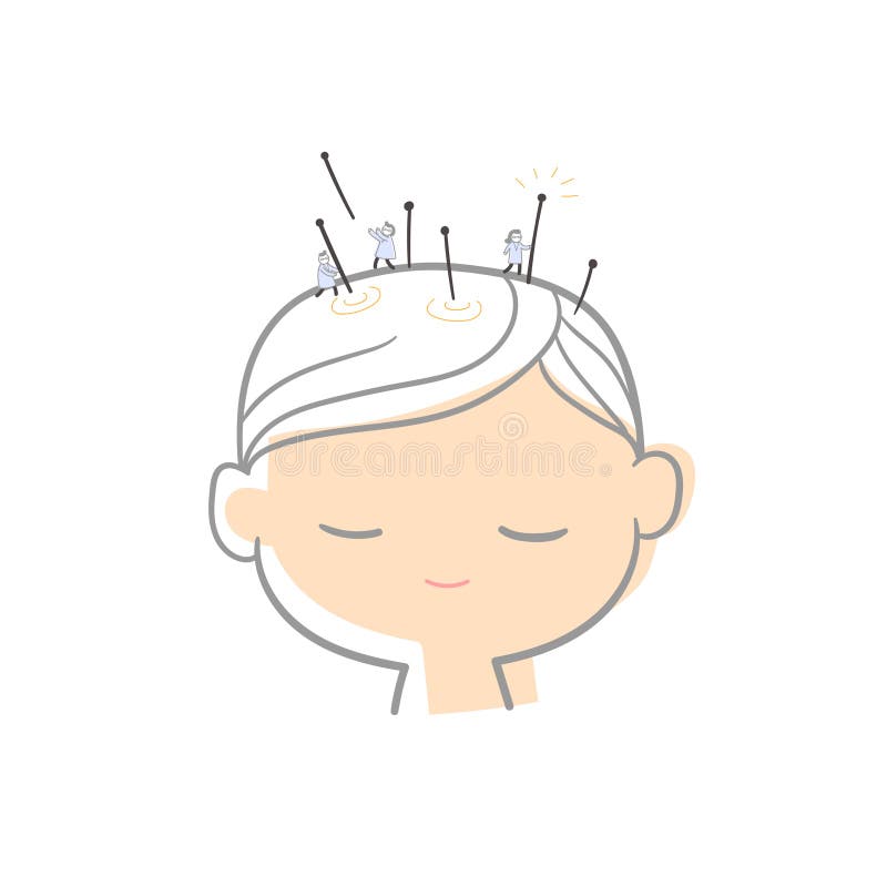 Acupuncture.Boy with closed eyes and needles in his head.Vector illustration.