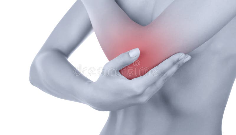 Woman with pain in the elbow isolated on white background. Front view. Woman with pain in the elbow isolated on white background. Front view