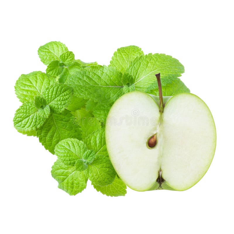 Acuñe las hojas y la rebanada verde de la mitad de Apple aisladas en el fondo blanco imagen de archivo Acuñe las hojas y la rebanada verde de la mitad de Apple aisladas en el fondo blanco imagen de archivo