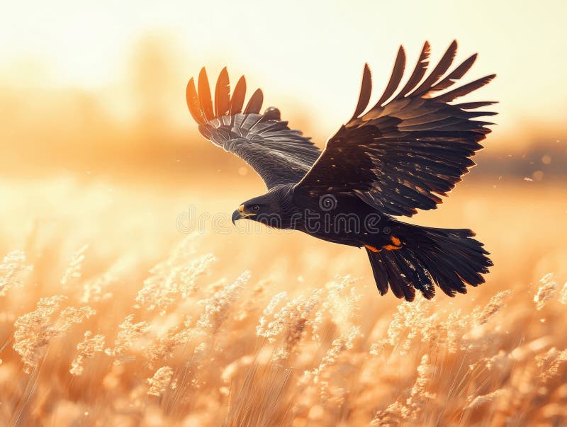 Acvila neagră maiestuoasă plutind prin apusul auriu în mijlocul zborului stock illustration