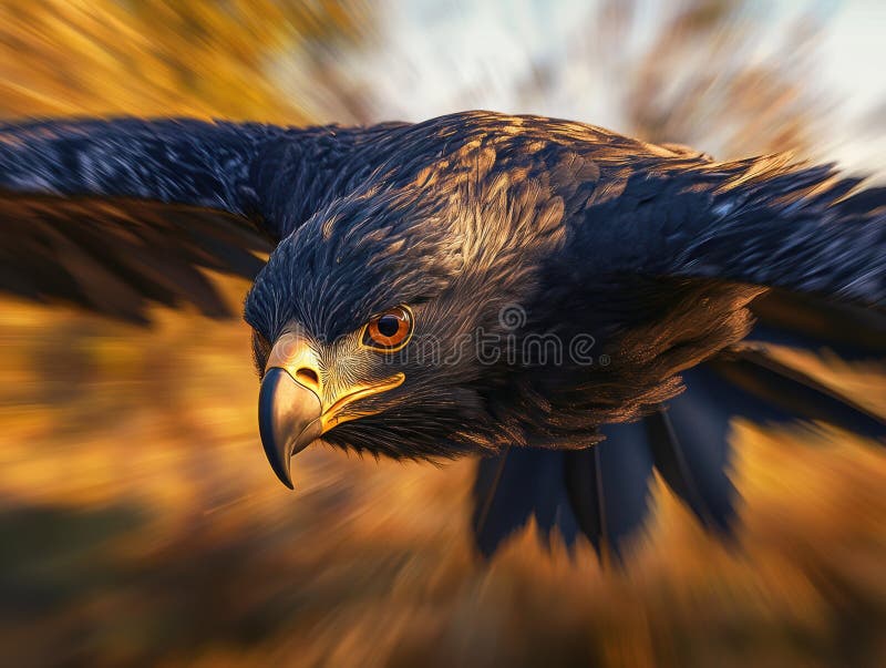 Acvila neagră maiestuoasă în zbor dinamic în mijlocul peisajului vibrant de toamnă royalty free illustration