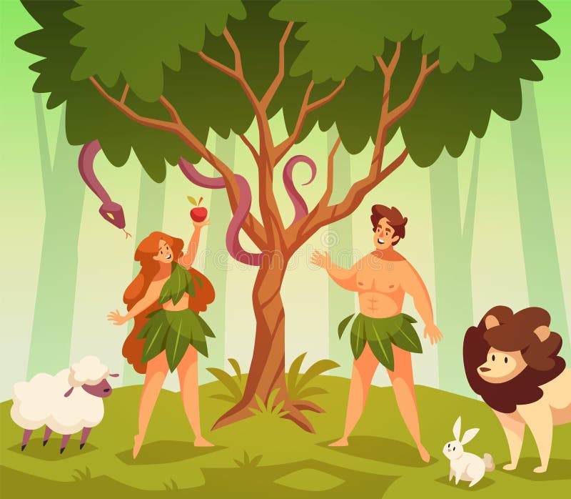 Adam and eve. Bible story scene first man and woman in garden eden, knowledge good and evil, snake of temptation and