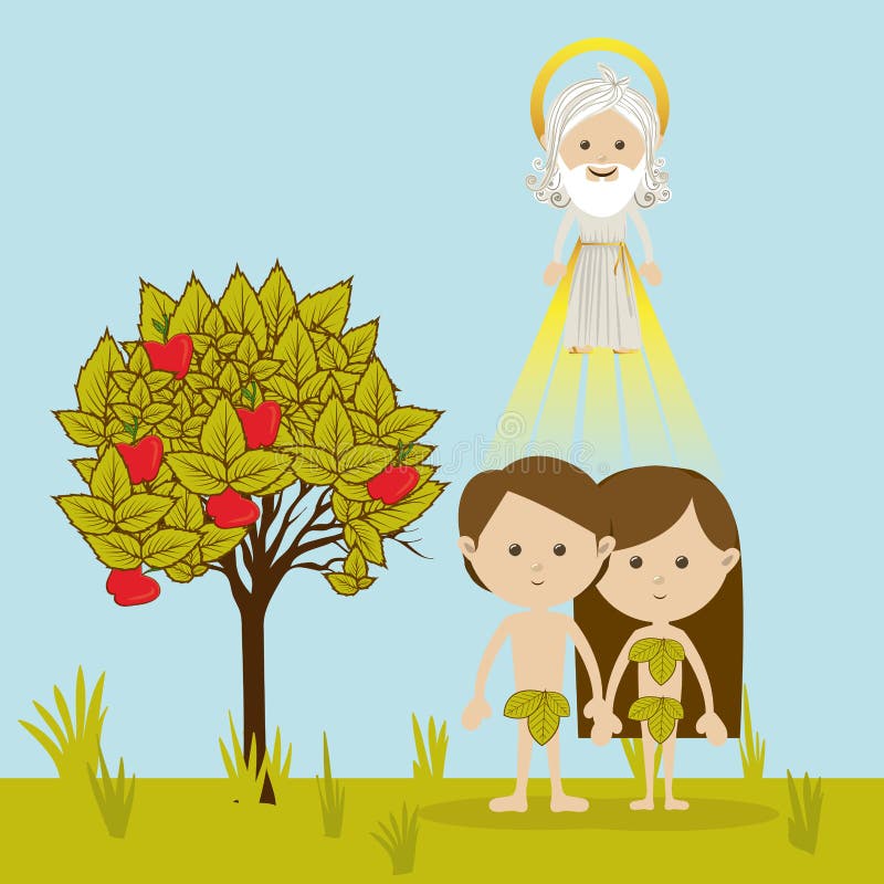 A Cartoon Vector Of Adam And Eve Looking At The Fruit 